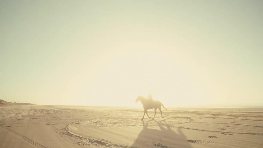 A lone equestrian rides a horse in slow motion across a vast, sun-drenched beach as the wind blows sand