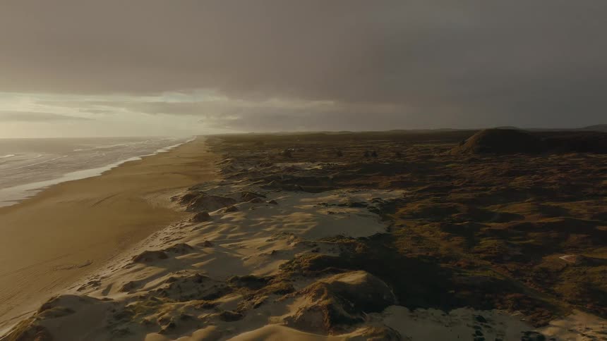 A static aerial view of a vast, desolate coastline where the sandy beach meets grassy dunes under a moody, overcast sky at golden hour