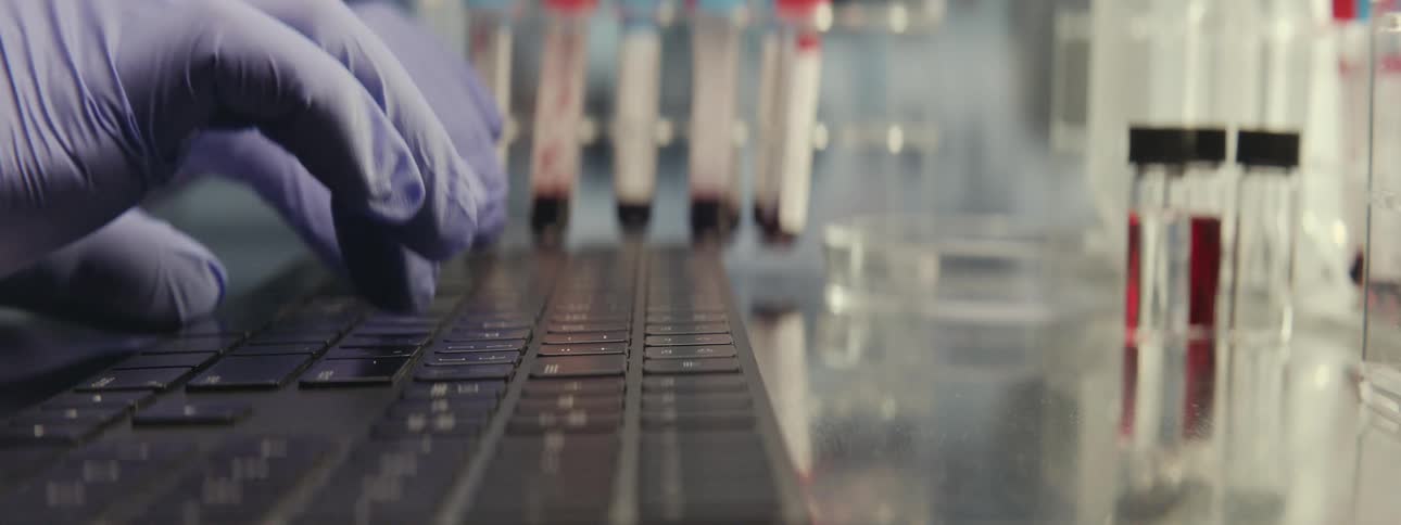 A researcher wearing purple nitrile gloves types on a keyboard, recording data from blood samples in a laboratory setting
