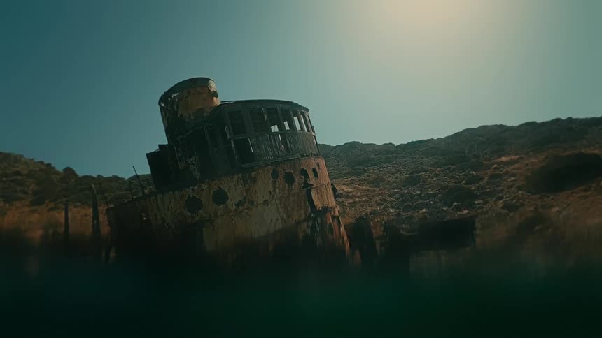 A rusty, abandoned shipwreck sits beached on a rocky shore, seen from a dramatic half-submerged water-level perspective