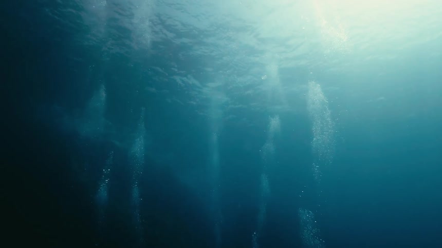 Cinematic looping animation of air bubbles rising from the depths of the ocean towards the sunlit surface