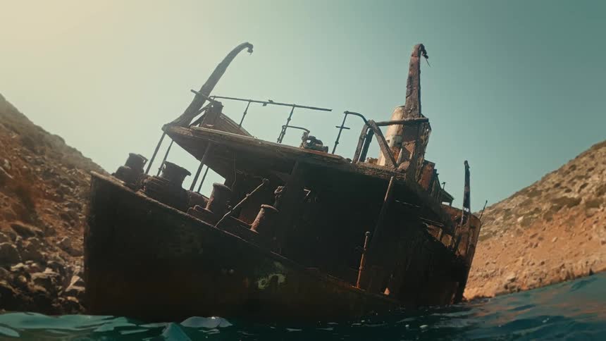 Low angle, water-level view of a decaying, rusty shipwreck beached in a secluded, sunny cove