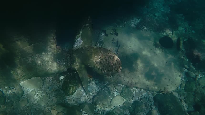 Sunlight filters through the water to illuminate the propeller of a sunken airplane wreck on the rocky seabed