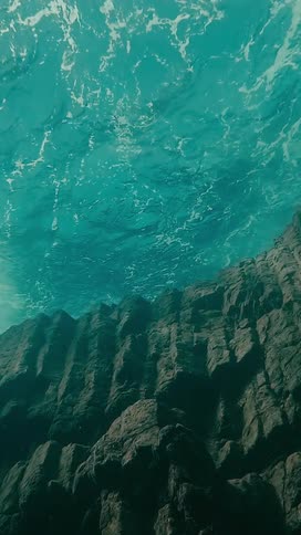 An underwater view looking up at the rippling turquoise surface of the ocean above a dark, rocky seabed