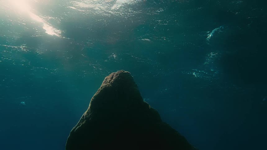 A serene underwater view shows a large rock formation against the backdrop of the sunlit ocean surface