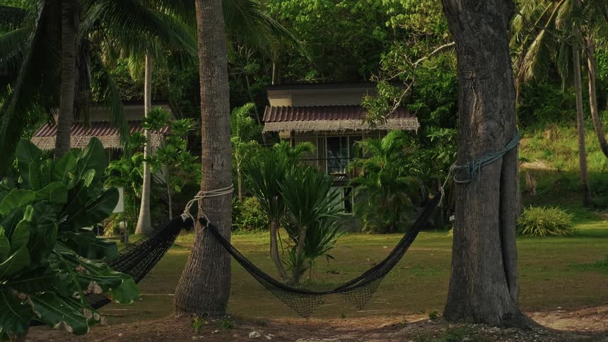 Empty hammocks hang between trees in a peaceful tropical resort, with lush greenery and bungalows in the background