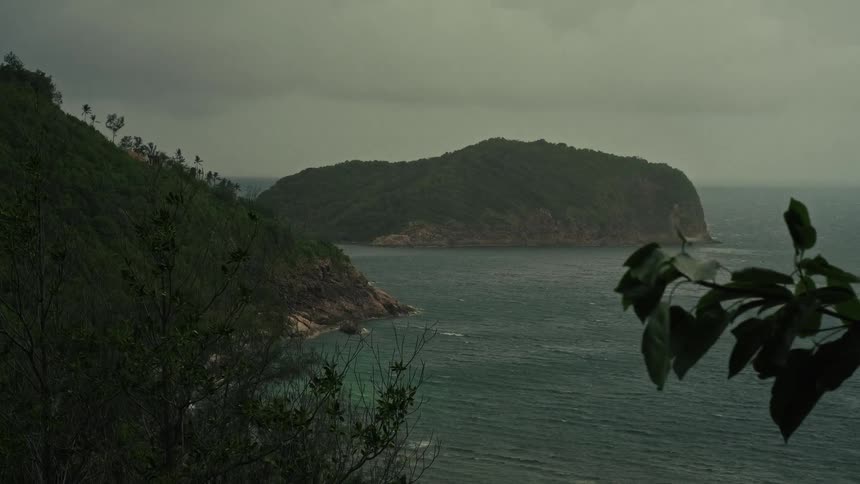 A moody, overcast view of a lush tropical island across a stormy sea, with wind and rain blowing leaves in the foreground