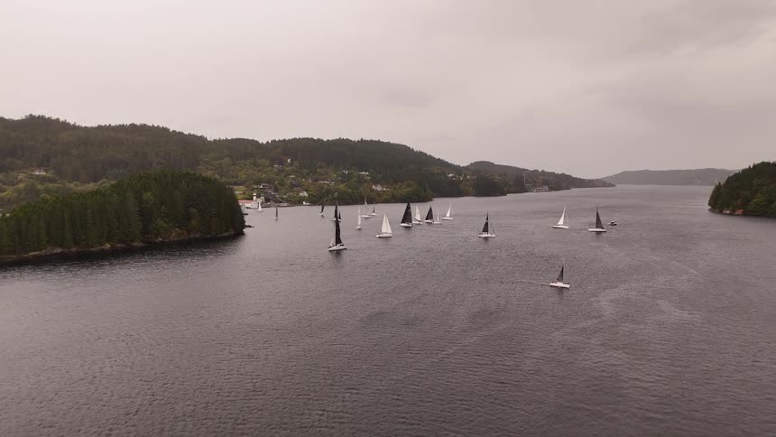 A fleet of sailboats races through a wide channel between forested hills on a calm, overcast day