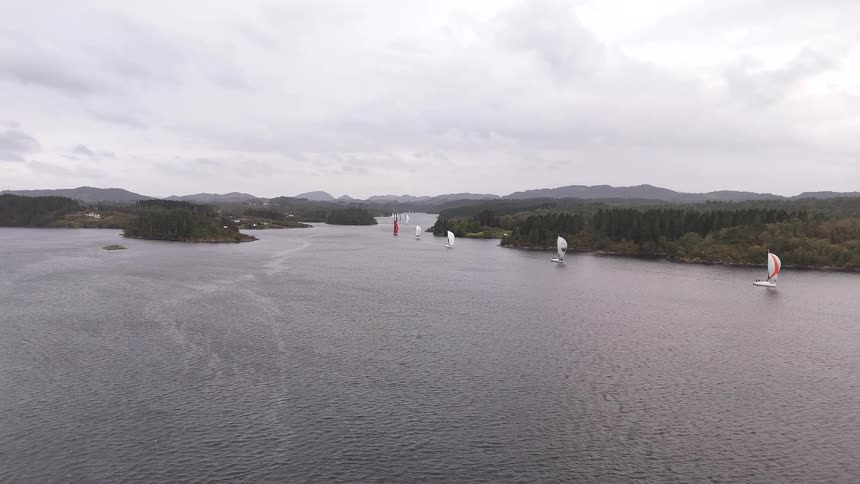 A wide, static aerial shot captures a sailboat regatta sailing along a fjord between forested islands under an overcast sky