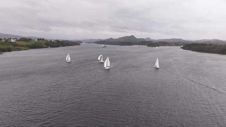 Static aerial view of a fleet of sailboats racing in a regatta on a wide fjord under a cloudy sky