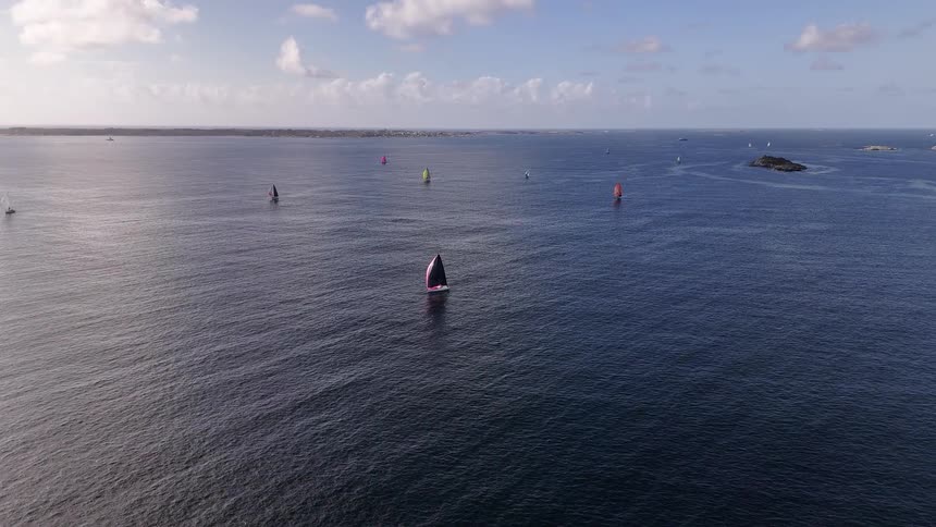 A fleet of colorful sailboats glides peacefully across the vast, deep blue ocean in a serene aerial shot