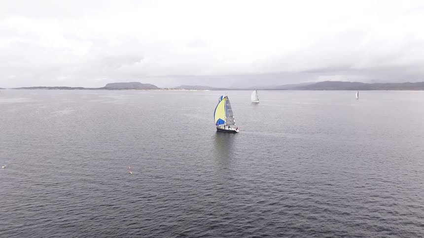 An aerial view shows multiple sailboats with colorful spinnakers participating in a regatta on a vast, calm sea under an overcast sky