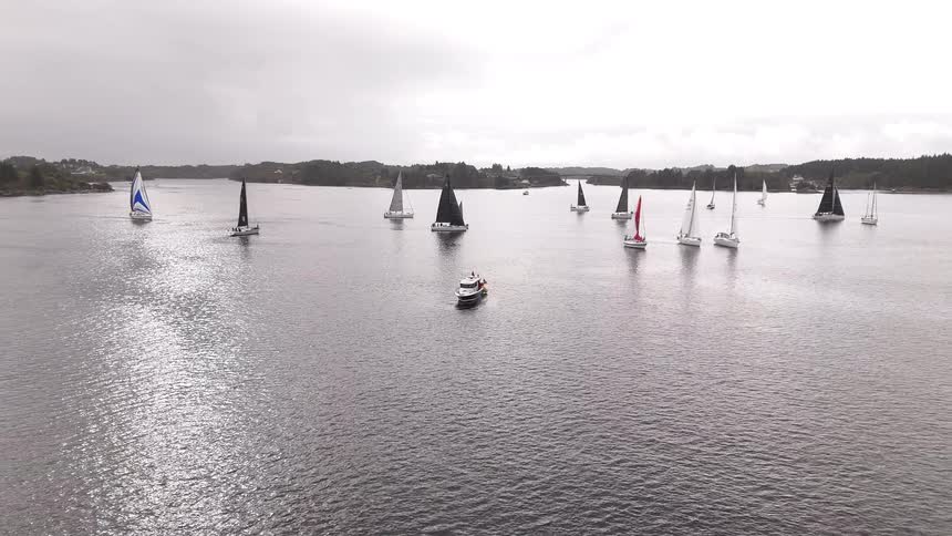 An aerial pullback shot captures a sailboat regatta as boats glide across the water on a grey, overcast day