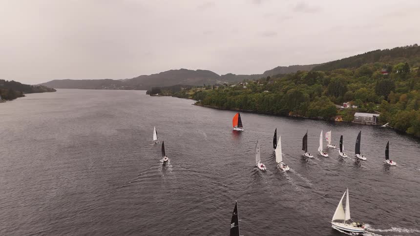 An aerial view of a regatta with many sailboats racing through a wide fjord along a forested shoreline on an overcast day