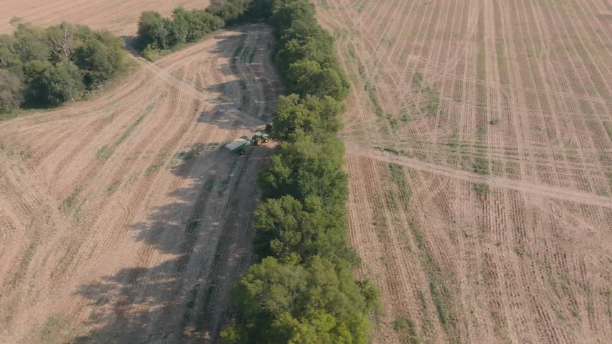 High aerial view of a tractor driving along a treeline, harvesting crops in a vast agricultural field