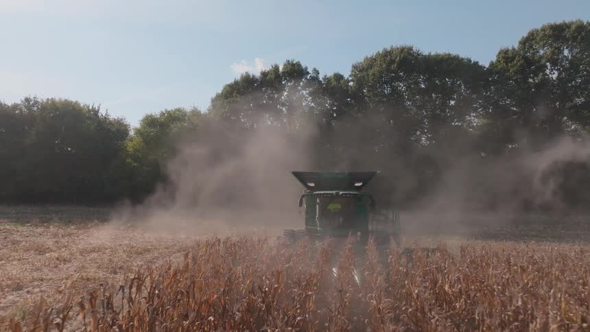 Following a large green combine harvester from behind as it moves through a dry cornfield, kicking up a large cloud of dust in slow motion