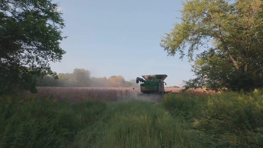 Viewed from a grassy path between trees, a large green combine harvester kicks up dust as it harvests a rural crop field