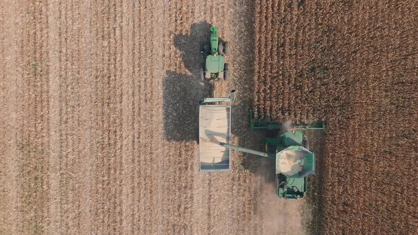 Aerial top-down view of a combine harvester offloading freshly harvested corn into a trailer pulled by a tractor in a vast field