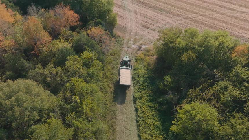 A high aerial view follows a tractor and grain cart as they drive along a path through the woods and out into a harvested farm field