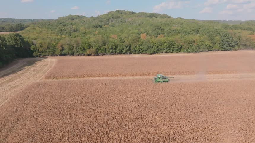 An aerial view shows a combine harvester cutting a path through a vast, dry cornfield during the autumn harvest