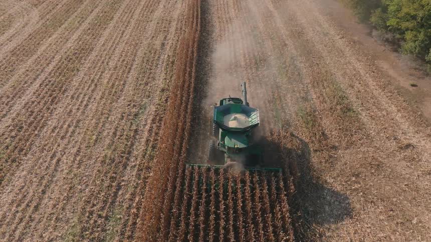 An aerial view shows a large green combine harvester moving through a dry cornfield, kicking up dust as it reaps the crops during the autumn harvest