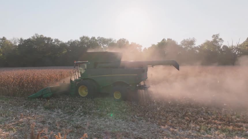 Slow motion side view of a combine harvester working through a dry cornfield, creating a large dust cloud in the warm afternoon sun