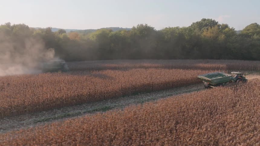 An aerial view shows a combine harvester and a tractor with a grain cart working together to harvest a vast, dusty cornfield in the golden light of late afternoon
