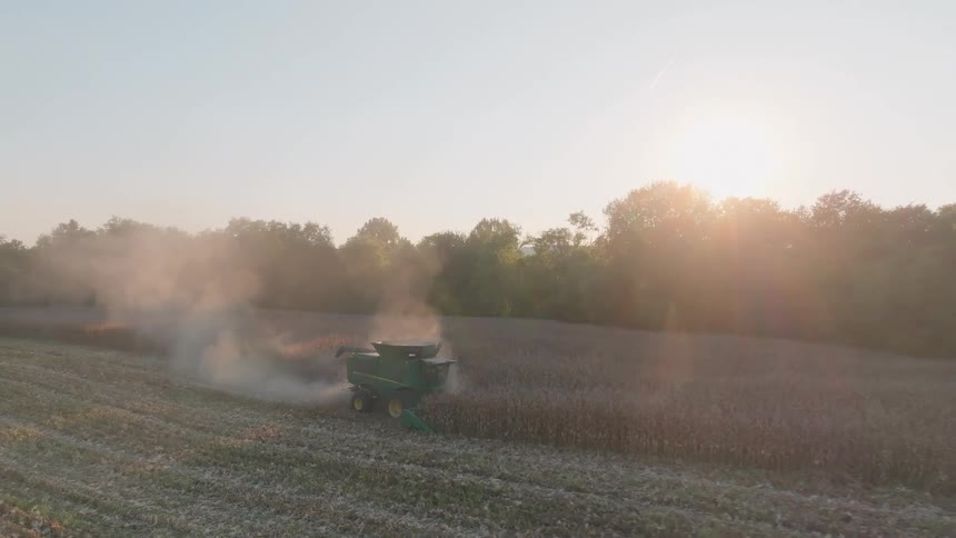 An aerial view shows a combine harvester working its way through a vast cornfield at golden hour, kicking up dust in the warm light