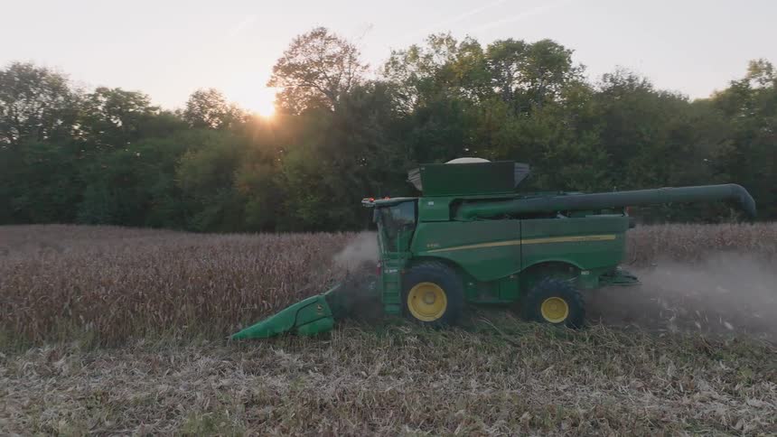 A modern green combine harvester kicks up dust while cutting a path through a vast cornfield at sunset