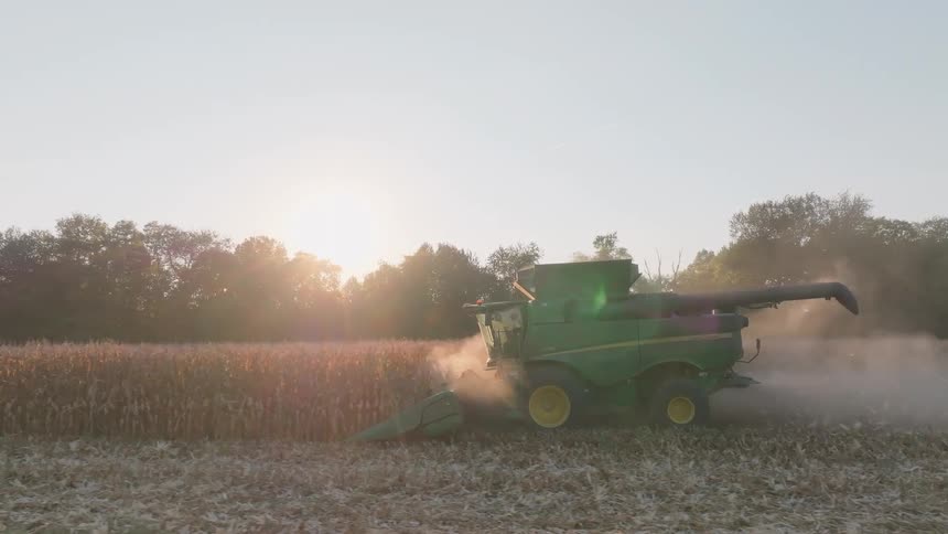 A green combine harvester cuts through a cornfield at sunset, with dust and chaff billowing in slow motion