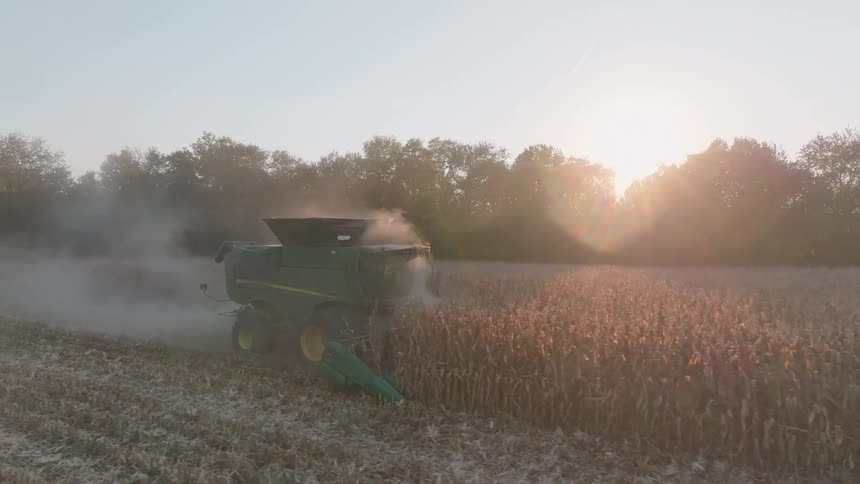An aerial shot follows a combine harvester as it cuts through a dry cornfield, kicking up a large cloud of dust in the golden light of sunrise