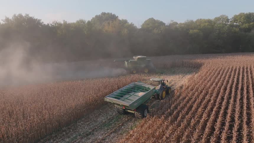 Aerial view of a combine harvester and tractor working together to harvest a corn field, kicking up a large cloud of dust in the sunlight