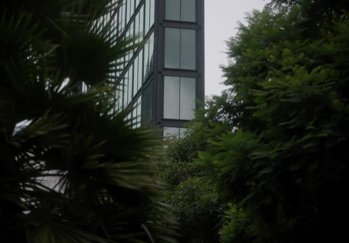 A modern glass building is slowly revealed from behind the lush green leaves of trees on an overcast day