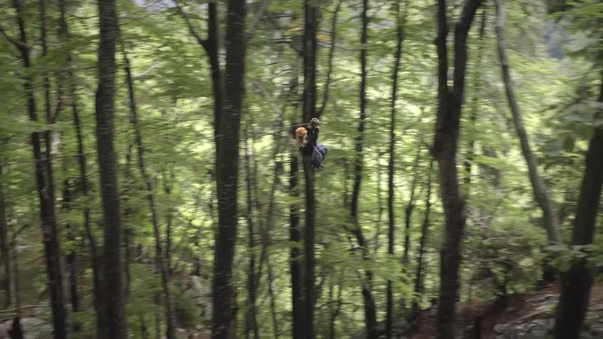 A person in a safety helmet enjoys an exhilarating zipline ride through a lush green forest
