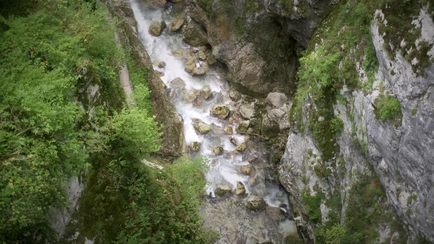 An overhead view of a river with rapids flowing through a deep, rocky canyon covered in green trees