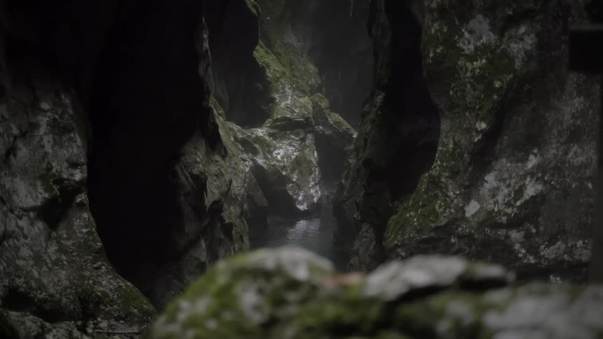 A gentle waterfall cascades into a secluded pool of water at the bottom of a dark, mossy canyon