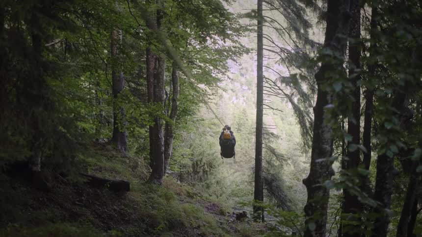 A person wearing a helmet and backpack ziplines away from the camera through a dense, lush forest