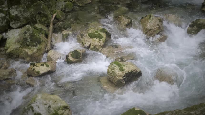 A clear, fast-flowing mountain stream cascades over large moss-covered rocks