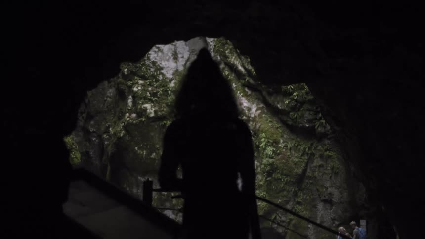 A silhouette of a person stands in a dark cavern, looking out at the mossy rock formations at the cave entrance