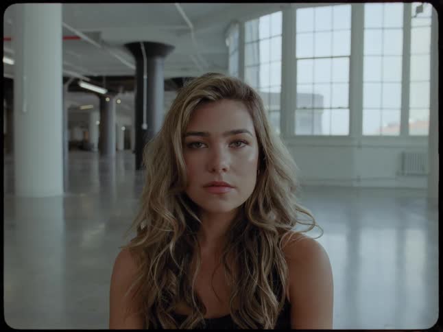 A beautiful young woman with long, wavy hair turns her head to look directly at the camera with a somber expression in an empty industrial loft