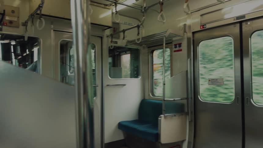 An empty train car travels through the green Japanese countryside, with the scenery blurring past the windows