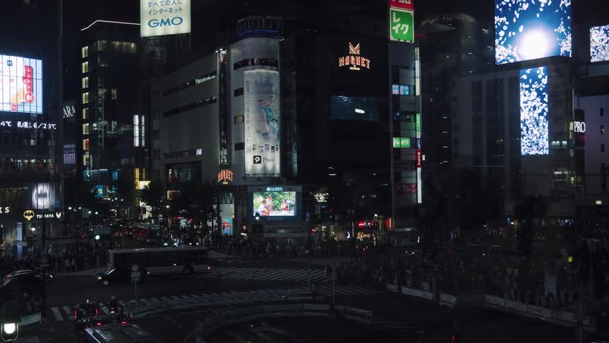 Static wide shot of the iconic Shibuya Crossing in Tokyo at night, with bustling crowds and traffic moving under bright neon billboards