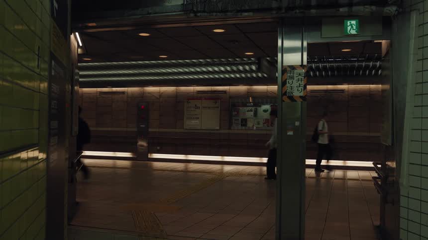 Commuters and pedestrians walk in slow motion through a dimly lit underground subway passage in Japan