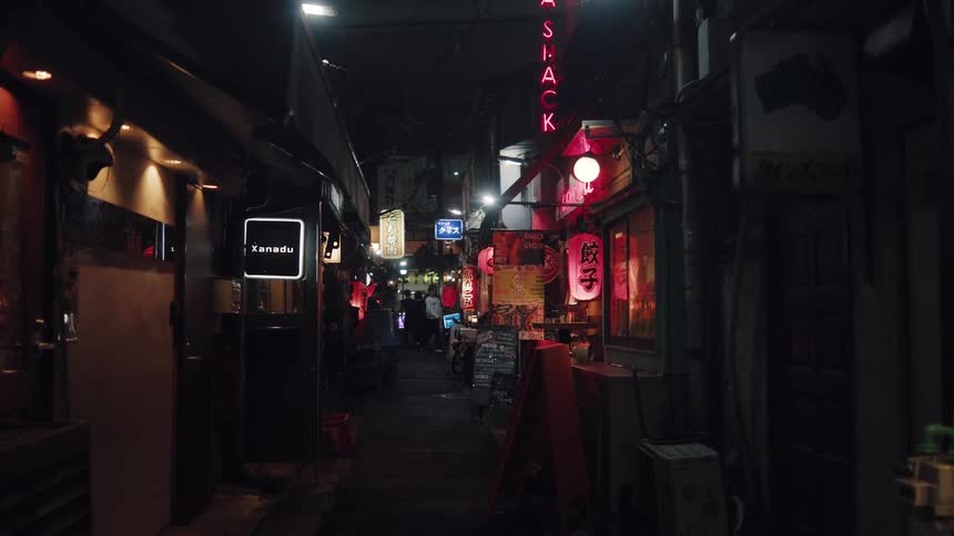A dark, narrow alley in a Japanese city is illuminated by glowing neon signs and red lanterns at night