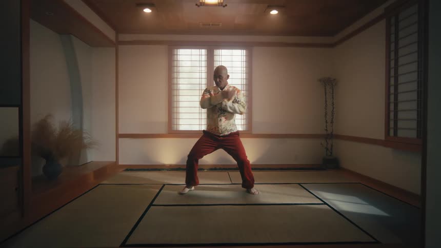A skilled martial artist practices a slow and graceful Tai Chi routine in a serene, Japanese-inspired dojo