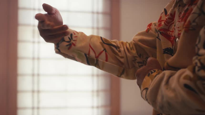 Close up of an elder man's graceful and flowing hands practicing Tai Chi martial arts in slow motion