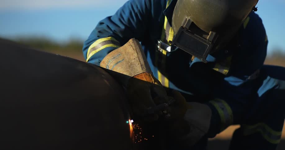 A man is cutting a tube with a torch