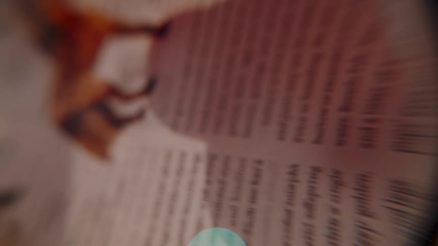 An abstract vertical view of a book's text being distorted and blurred through a magnifying lens