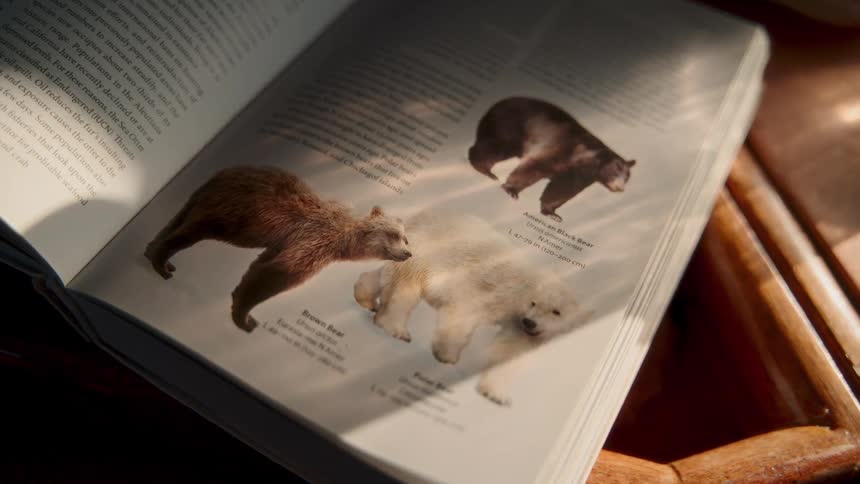 Sunlight shines on an open book displaying illustrations of a brown bear, polar bear, and black bear