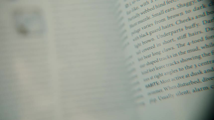 A detailed macro shot shows the pages of a wildlife encyclopedia being turned, revealing information about various animals